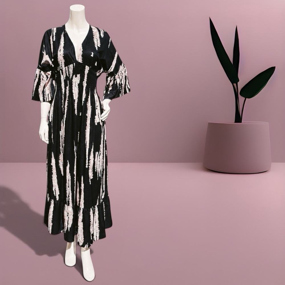 Eaksone V Neck Smocked Maxi Dress L Black Pink Bell Sleeve Boho Guest Fairycore
